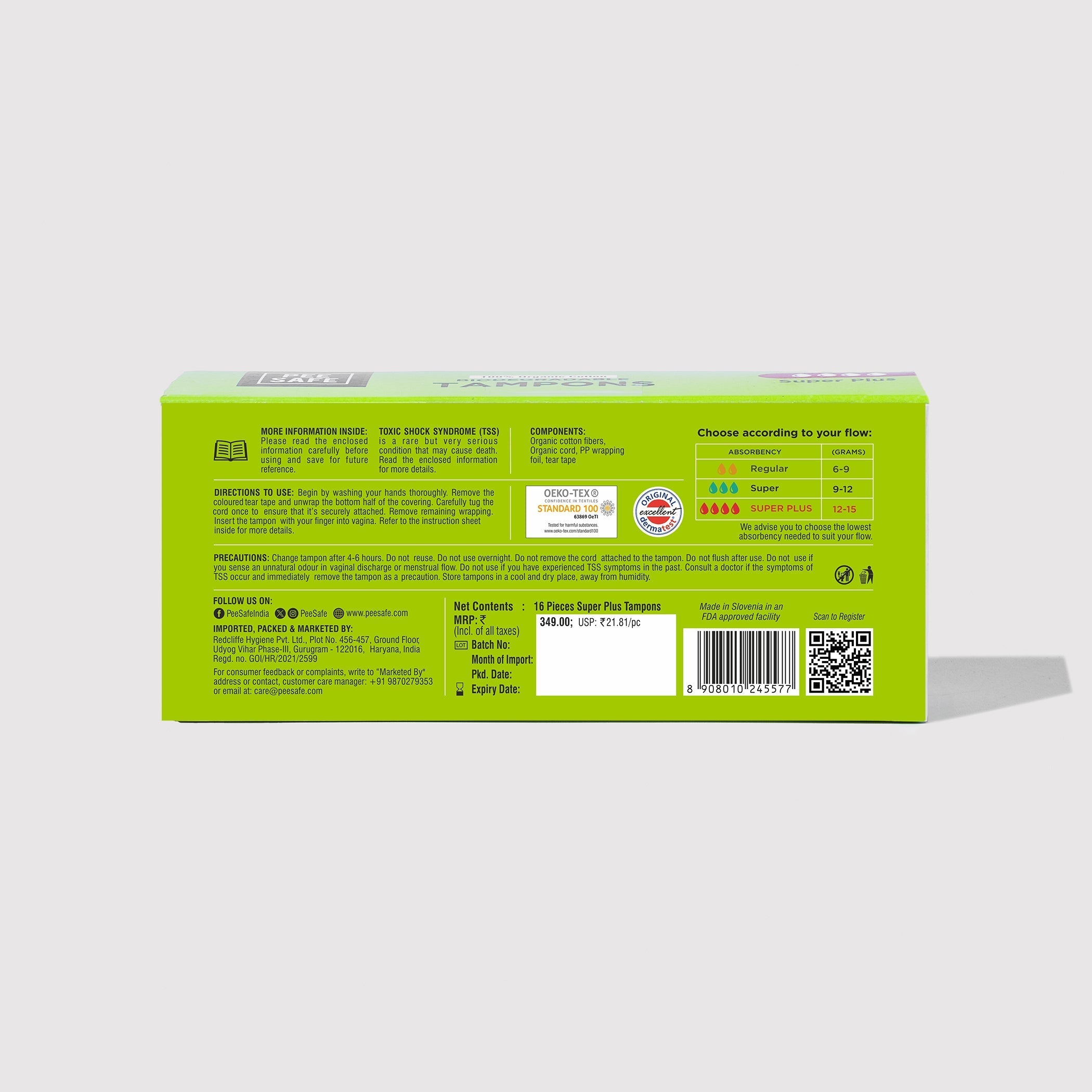 Pee Safe Biodegradable Tampons- Super Plus (16 Tampons) - BYOC
