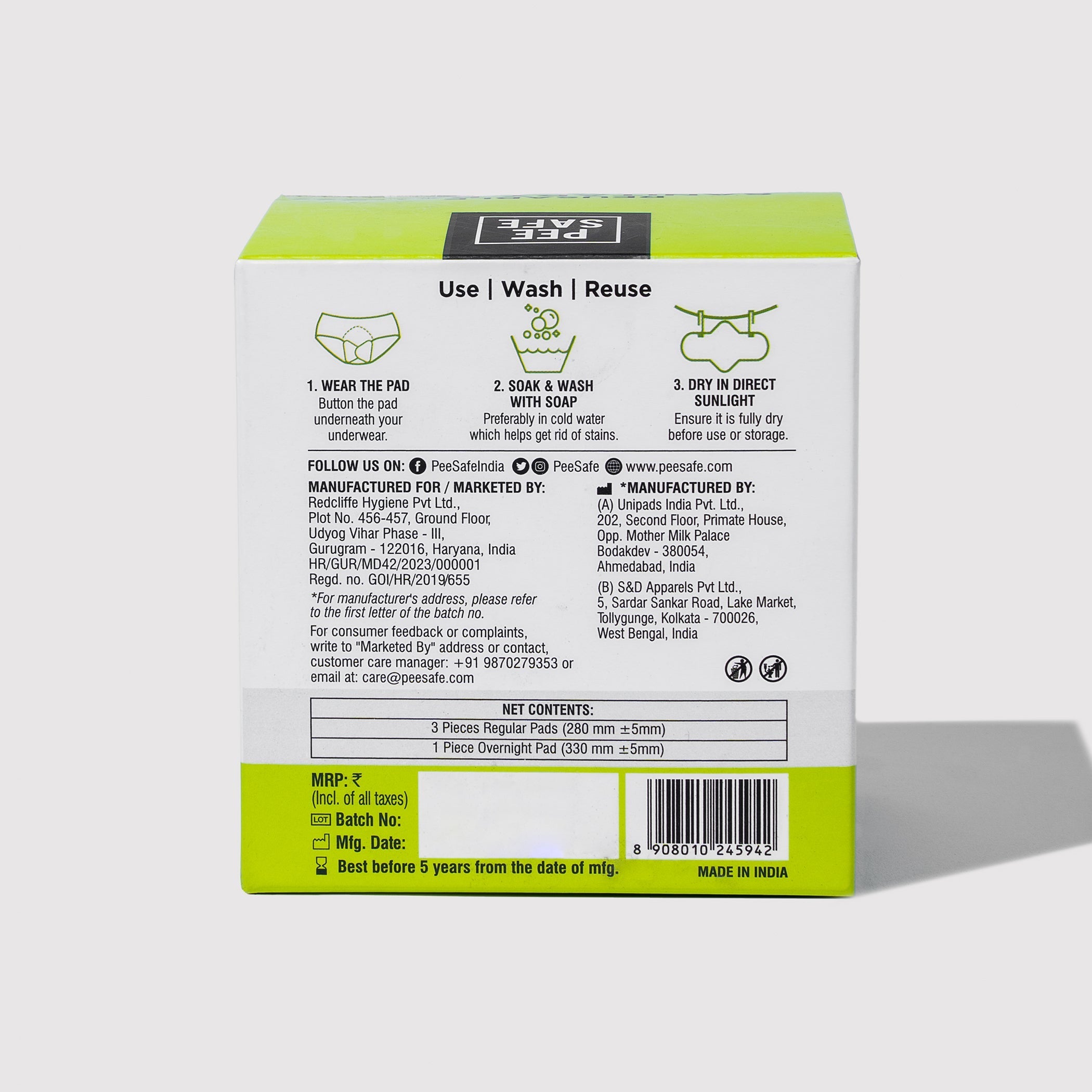 Pee Safe Reusable Sanitary Pads (6 Regular Pads + 2 Night Pads) - Pack of 2